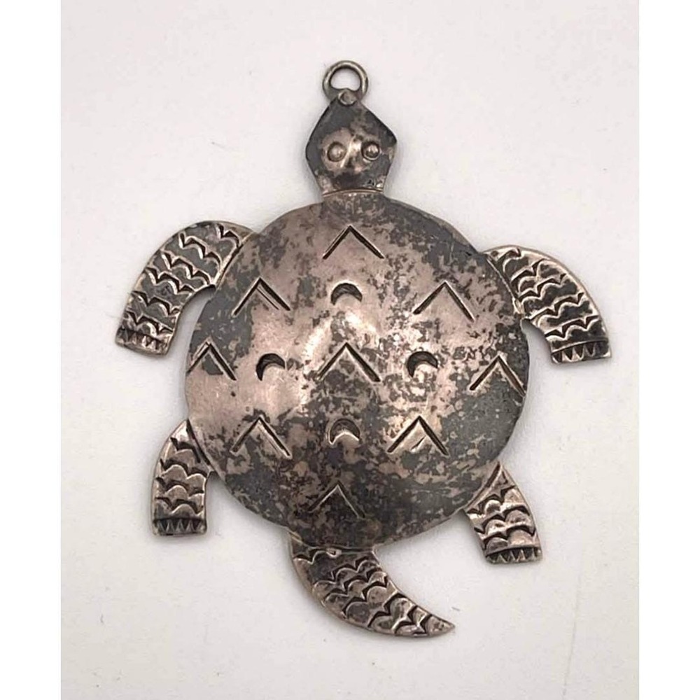 Sterling Silver Turtle Pendant Southwestern Stamped 2"